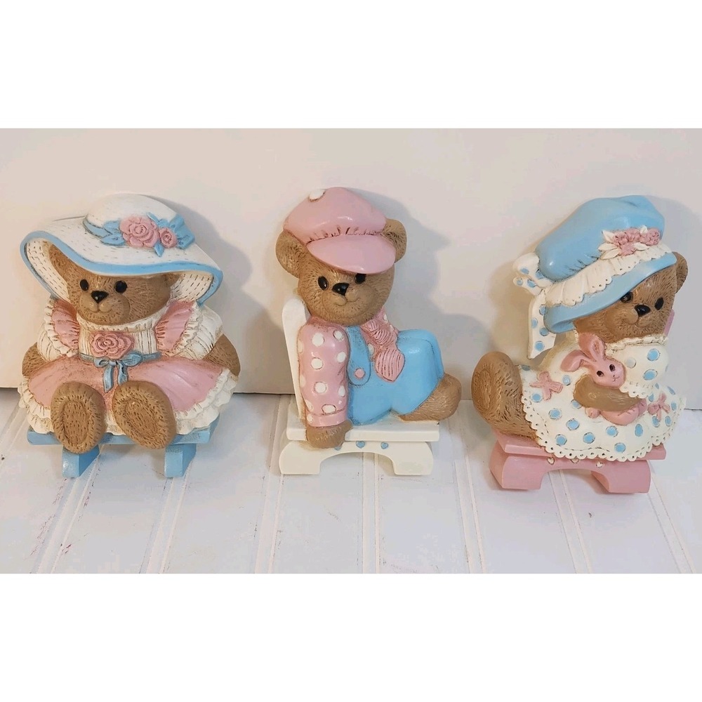 3 VTG Burwood Teddy Bear Wall Decor Nursery Wall Plaques Pink Blue Homco Cottage